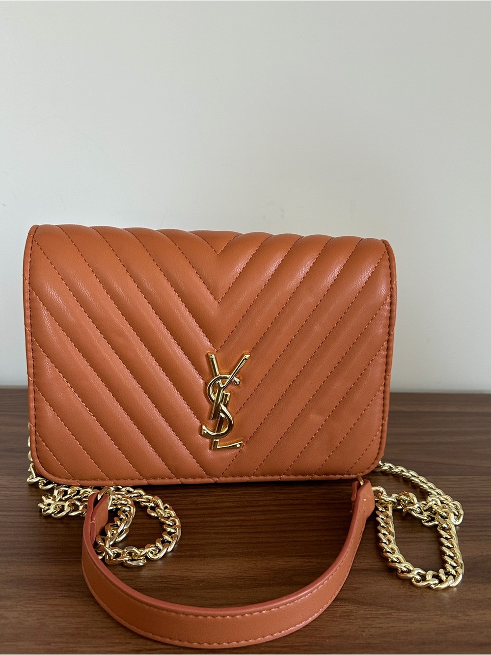 Chevron Quilted Crossbody in Cognac with Gold Hardware